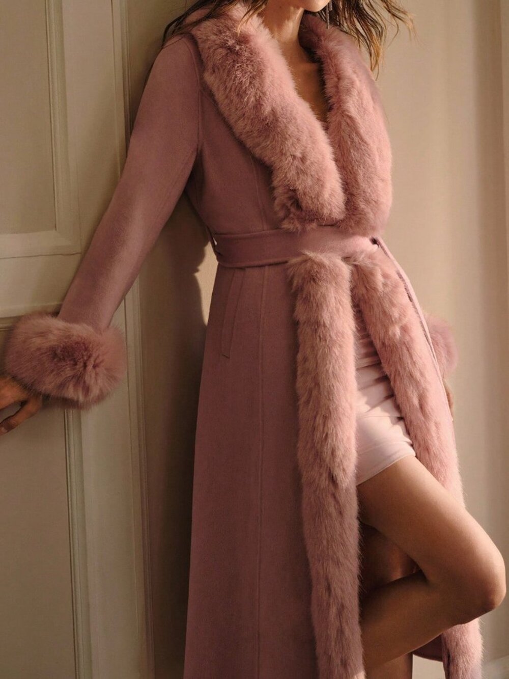 Baby Pink Elegant Women's Contrast Faux Fur Belted Overcoat - Picture 7 of 8
